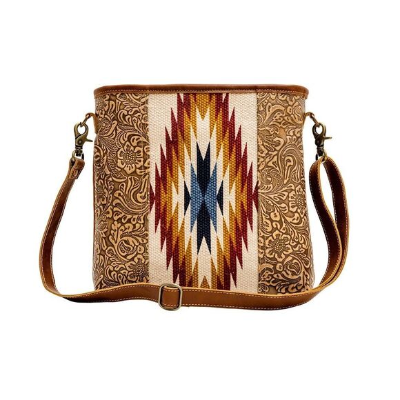 Myra Bag Handmade Luzy Shoulder Bag Upcycled Canvas & Cowhide Leather - Picture 7 of 8